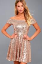 Dazzle Darling Rose Gold Sequin Off-the-shoulder Skater Dress | Lulus