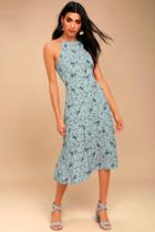 Astr The Label Astr The Label Pascal Light Blue Floral Print Midi Dress | Size Small | 100% Polyester | Lulus