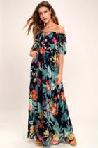 Lulus Infinite Love Navy Blue Print Off-the-shoulder Maxi Dress