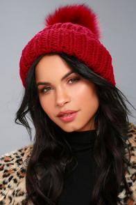 Free People Happy Trails Red Pom Pom Beanie