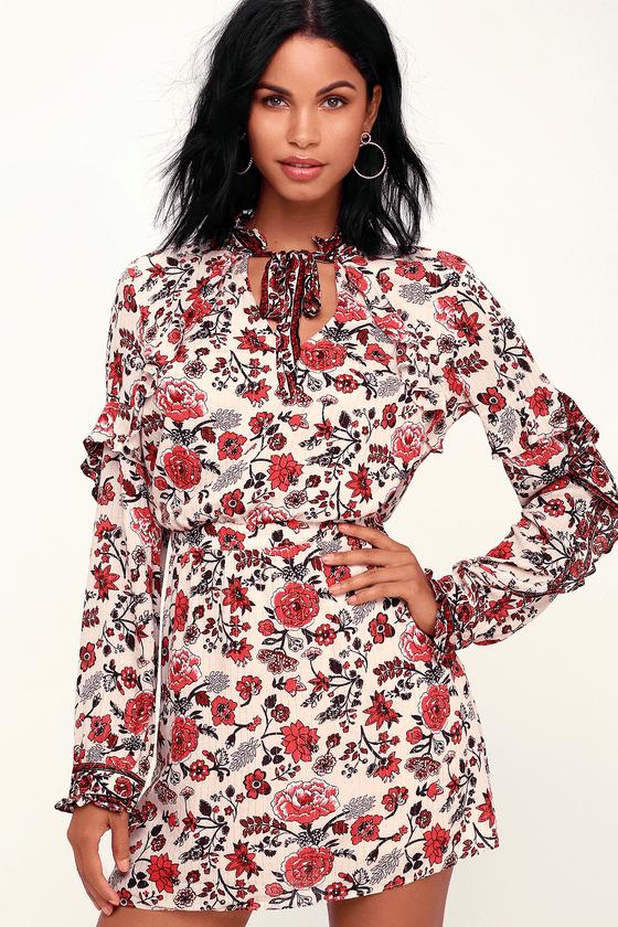 Dance & Marvel Spark Of Love Beige Floral Print Ruffled Long Sleeve Dress | Lulus