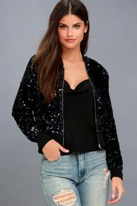 Lulus All Eyes On You Navy Blue Multi Sequin Bomber Jacket