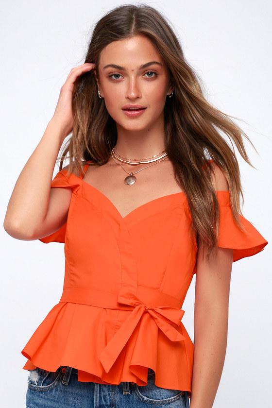 Astr The Label Carly Coral Orange Off-the-shoulder Wrap Top | Lulus