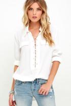 Lulus | You Know It Ivory Long Sleeve Lace-up Top | Size Small | White | 100% Polyester