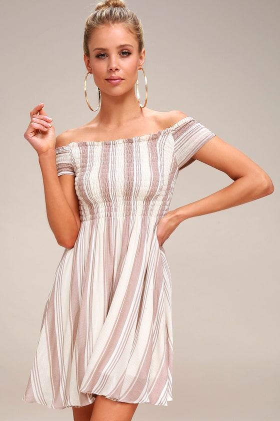 Santa Monica Pier Washed Mauve Striped Off-the-shoulder Dress | Lulus