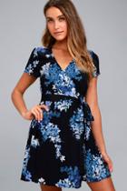 Lulus Sweet Peas And Sunshine Navy Blue Floral Print Wrap Dress