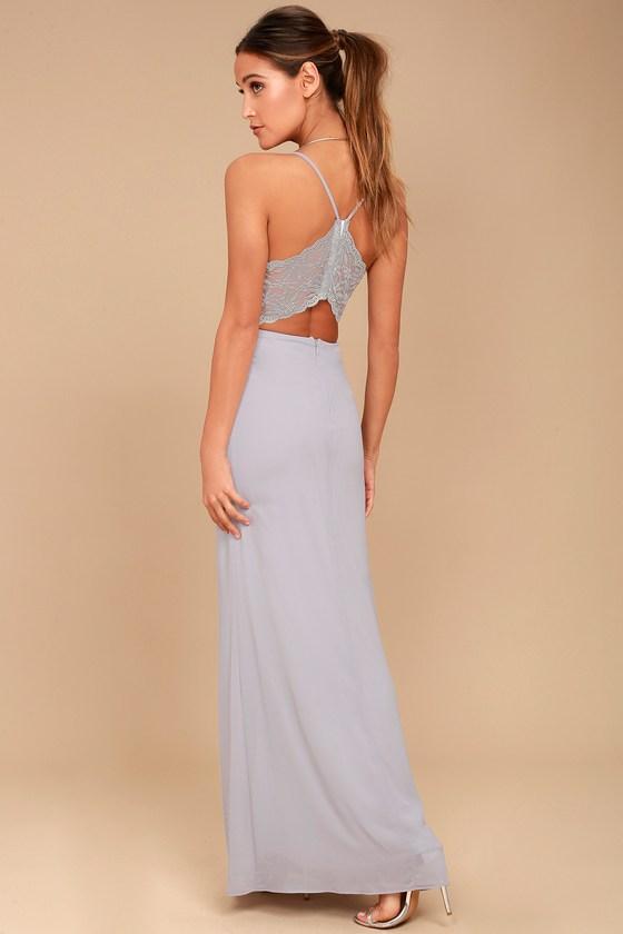Lulus | Story Of A Starry Night Grey Backless Lace Maxi Dress | Size X-large | 100% Polyester