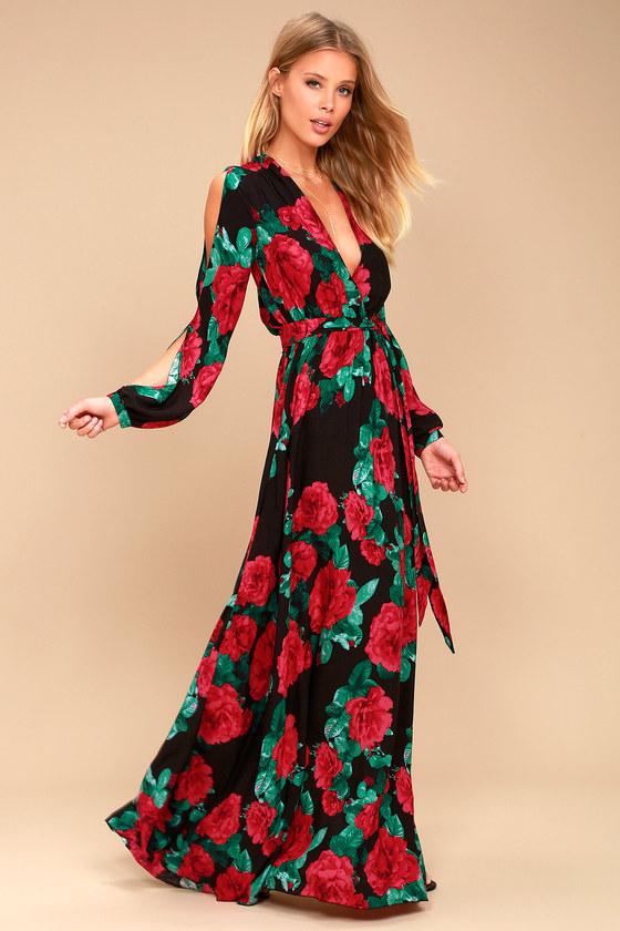 Lulus | Strike A Rose Black Floral Print Long Sleeve Maxi Dress | Size Small | 100% Rayon