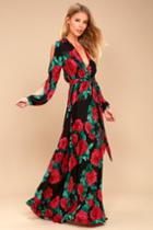 Lulus | Strike A Rose Black Floral Print Long Sleeve Maxi Dress | Size Small | 100% Rayon