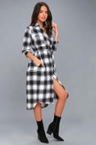 Lulus | Sequoia Park Black And White Plaid Flannel Shirt Dress | Size Large | 100% Cotton
