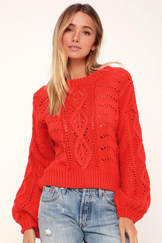 Lush Winona Coral Red Balloon Sleeve Cable Knit Sweater | Lulus