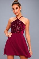 Lulus | Time Of Love Burgundy Sequin Halter Skater Dress | Size Large | Red | 100% Polyester