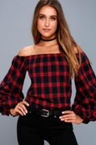 Ppla Tara Navy Blue And Red Plaid Flannel Off-the-shoulder Top | Lulus