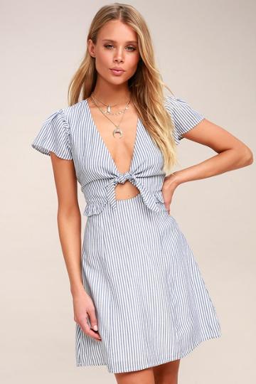 Seaport Navy Blue And White Striped Tie-front Dress | Lulus