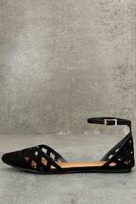 Bamboo Augustina Black Suede Cutout Ankle Strap Flats