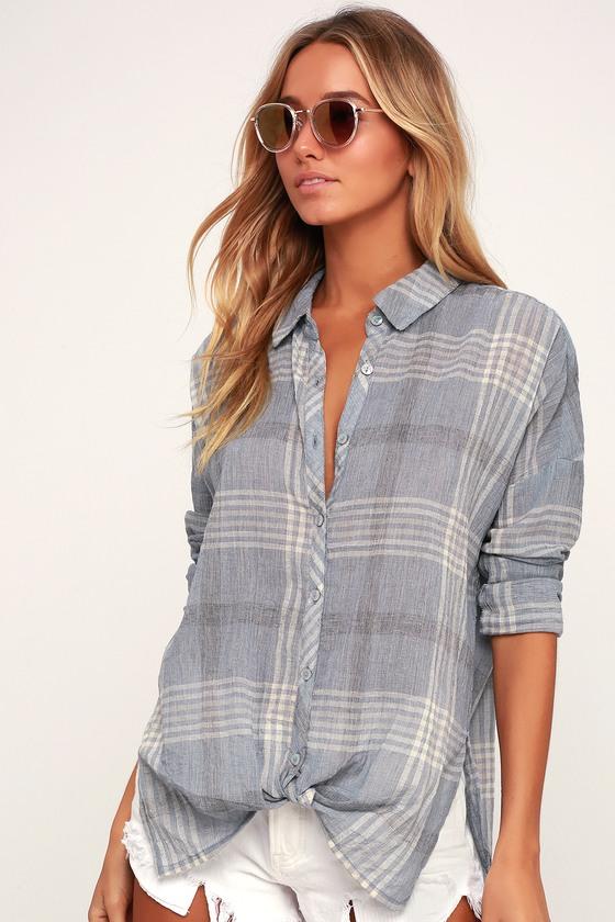 O'neill Arlow Light Blue Plaid Tie-front Button-up Top | Lulus