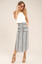 Lulus | Love Sweet Love Grey Striped Midi Skirt | Size Medium | 100% Cotton