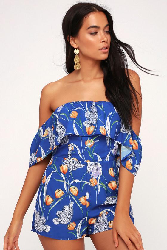 Waimea Royal Blue Floral Print Off-the-shoulder Romper | Lulus