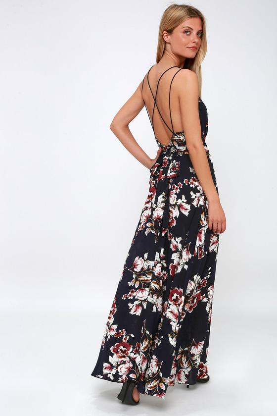 Swoon And Sway Midnight Blue Floral Print Backless Maxi Dress | Lulus