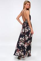 Swoon And Sway Midnight Blue Floral Print Backless Maxi Dress | Lulus