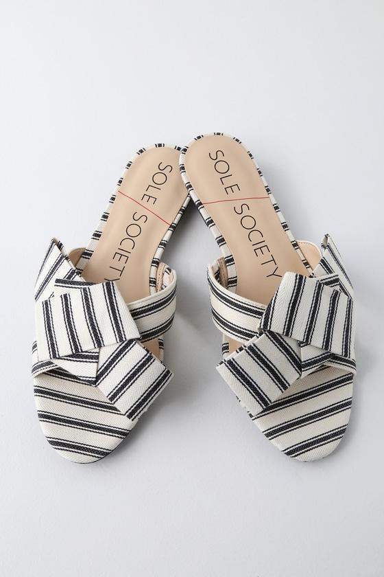 Sole Society Matty Cream And Black Striped Slide Sandal Heels | Lulus