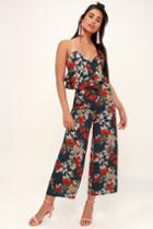 Sadie & Sage Cinthia Teal Blue Floral Print Cropped Wide-leg Pants | Lulus