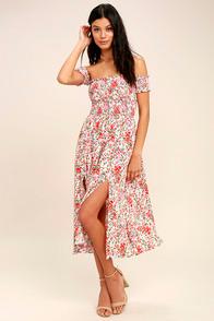 Lulus View From The Meadow Cream Floral Print Off-the-shoulder Dress