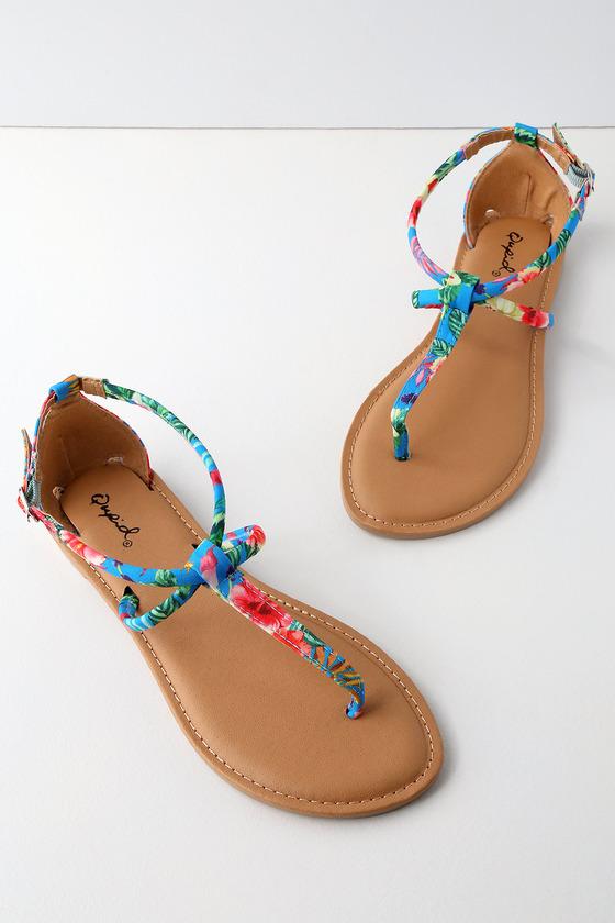 Qupid Shore Blue Multi Tropical Print Ankle Strap Flat Sandal Heels | Lulus