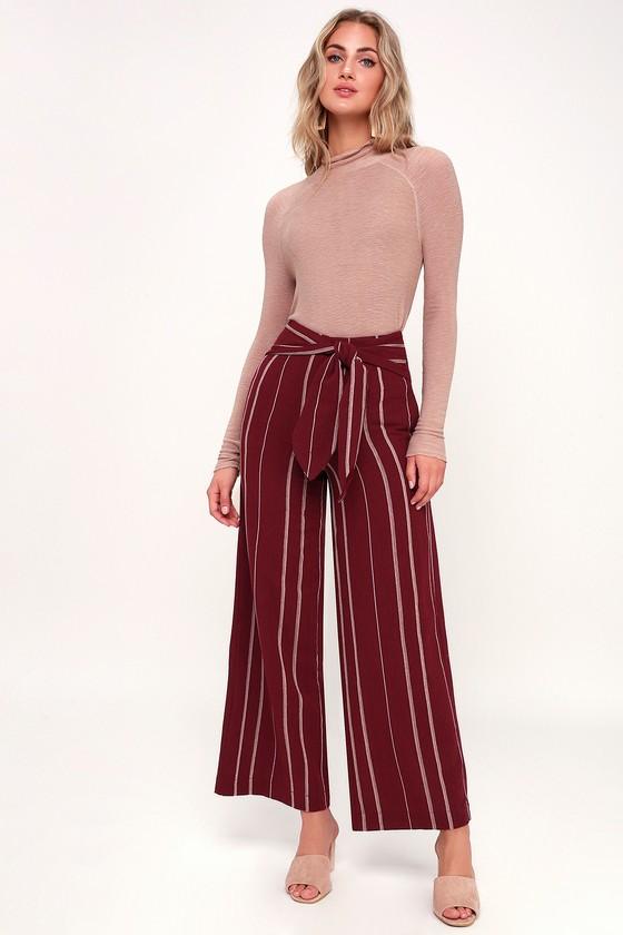 Moon River Elliott Wine Red Striped Waist-tie Palazzo Pants | Lulus