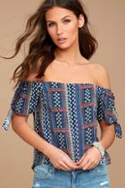 Lulus Coconut Grove Navy Blue Print Off-the-shoulder Top