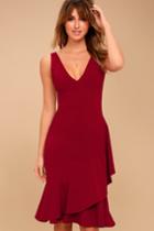 Lulus | Modern Maiden Wine Red Asymmetrical Midi Dress | Size Large