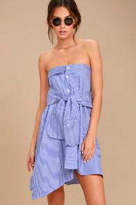 Ecru Lab Suit And Tied Blue And White Striped Strapless Shirt Dress