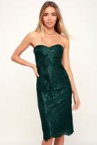 What A Knockout Forest Green Embroidered Strapless Dress | Lulus