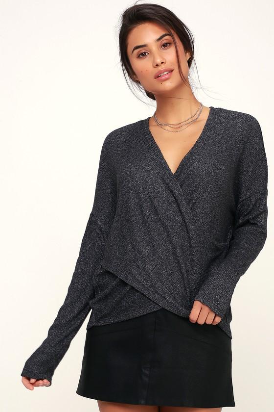 Olive + Oak Marley Dark Heather Grey Surplice Sweater Top | Lulus