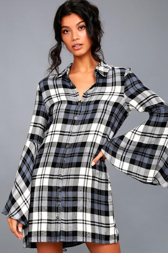 Lulus | Tymber White And Navy Blue Plaid Shirt Dress | Size Large | 100% Rayon