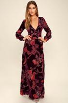 Lulus Practical Magic Burgundy Velvet Floral Print Maxi Dress
