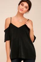 Lulus | Chic Awakening Black Satin Cold Shoulder Top | Size Large | 100% Polyester