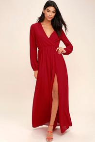 Lulus Wondrous Water Lilies Red Long Sleeve Maxi Dress