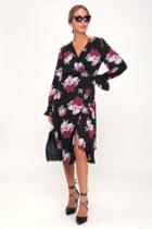 Romantic Blooms Black Floral Print Midi Wrap Dress | Lulus
