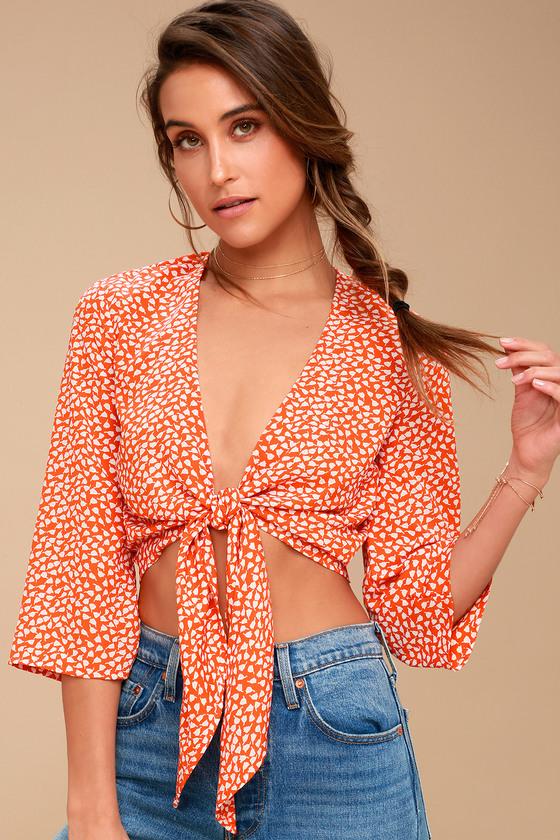 Bisbee Babe Orange Floral Print Tie-front Crop Top | Lulus