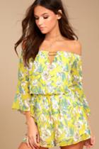 Lulus | Stay Sweet Yellow Floral Print Off-the-shoulder Romper | Size Large | 100% Polyester