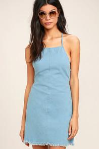 Lulus Little Miss Sunshine Light Blue Chambray Lace-up Dress