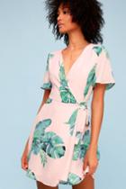 Villa Marie Blush Pink Leaf Print Short Sleeve Wrap Dress | Lulus