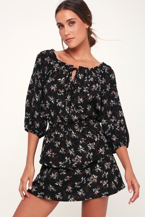 Norah Black Floral Print Off-the-shoulder Ruffled Dress | Lulus