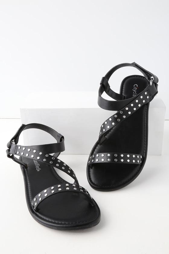 City Classified Montrose Black Studded Flat Sandal Heels | Lulus