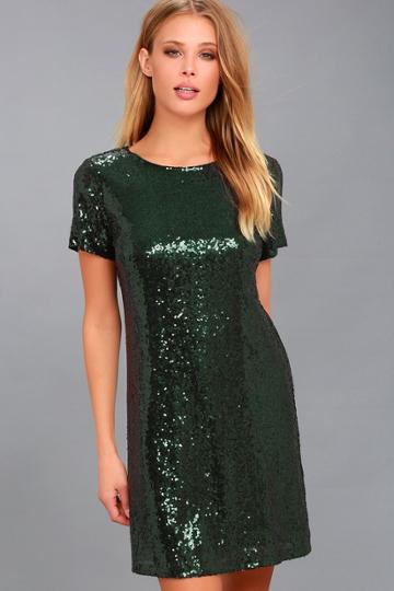 Lulus | Party Hour Dark Green Sequin Short Sleeve Dress | Size Large | 100% Polyester