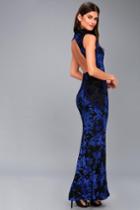 Lulus | Dariana Black And Blue Velvet Floral Print Backless Maxi Dress | Size X-small | 100% Polyester