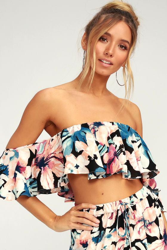 Sanibel Black Tropical Print Off-the-shoulder Crop Top | Lulus