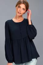 Lulus | Primrose And Proper Navy Blue Long Sleeve Top | Size Large | 100% Polyester