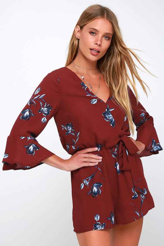 Petunia Burgundy Floral Print Surplice Romper | Lulus